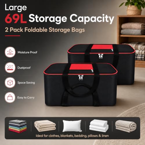 Image of VERVENIX Large Underbed Storage Bags 2 Pack, Moisture Proof Clothes Storage Organizer for Blankets, Comforters, Bedding, Pillows & Seasonal Items, Foldable Zipper Storage Box - Red Black