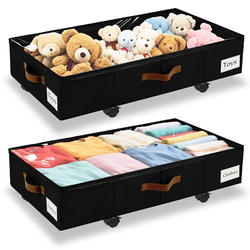 Image of Under Bed Storage with Wheels,Underbed Storage with Sturdy Sidewalls /Bottom, Clear Cover, Label and PU Handle, Rolling Under Bed Drawers for Clothes, Shoes, 6.5 Inch Height,Black, 2 Pack