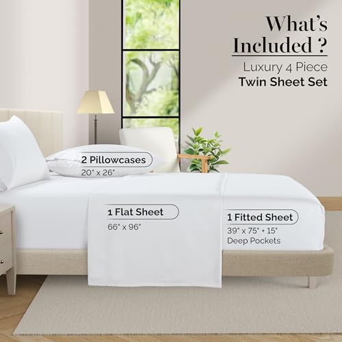 Casa Platino 100% Egyptian Cotton Sheets Twin Size Set - 4 Pcs (1 Flat, 1 Fitted, 2 Pillowcases)- Ultra Smooth Sateen Weave Bed Sheets with 15" Deep Pockets - Pure White Sheet Set