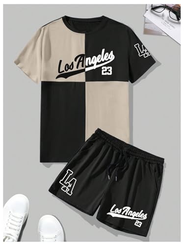 Men's 2 Piece Outfits Number Graphic Short Sleeve Shirts & Drawstring Waist Track Shorts Tracksuits Set2