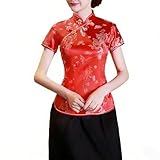 CGGMVCG Chemise Cheongsam Chinois Manches Courtes Col Mandarin Dragon Phoenix Imprimé Ethnique Blouse Tops Vêtements Traditionnels, Rouge, S