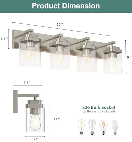 Image of Brushed Nickel Bathroom Light Fixtures, 4 Lights Bathroom Lighting Fixtures Over Mirror, Square Design & Rectangle Large Backplate, Modern Vanity Lighting Fixtures, for Living Room /Bedroom