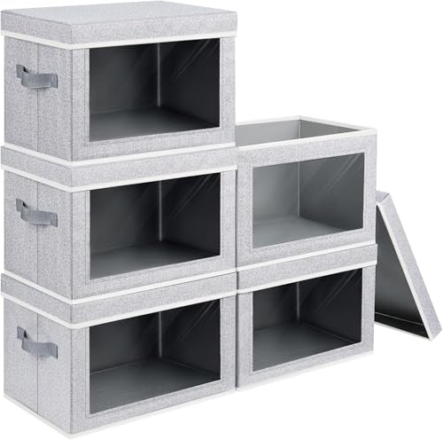 Image of Homsorout Stackable Storage Bins with Lids - Large Decorative Basket with Lids, Fabric Foldable Closet Organizer Bins, Shelf Organizer for Living Room, Dorm, 5 Pack, Blended
