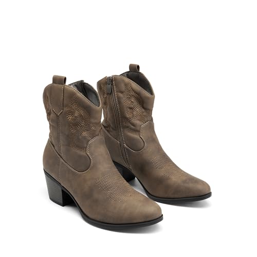 DREAM PAIRS Women's Western Cowboy Cowgirl Embroidered Ankle Boots Fashion Low chunky Heel Round Toe Fall Short Booties Shoes,Size 8,Camel,SDAB2432W