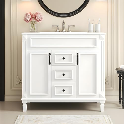 Merax 36” Bathroom Vanity with Sink, Freestanding Single Bathroom Sink Vanity Cabinet Set with 36” Countertop & Integrated Sink, 2 Doors & 2 Drawers (Sink Cabinet Only, White)