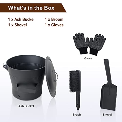 Foto von BRIAN & DANY Ascheeimer mit Deckel, Runder Kohleeimer für Kamine, 10L Eimer mit Schaufel und Handbesen, Werkzeugset Zubehör für Kamin, Feuerstelle