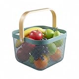 Ymeibe Mesh Steel Storage Organizer Basket Fruit Basket Bin with Wood Handle Ideal for Kitchen Bathroom Picnic Baskets Pantry Cabinets Storage Home Decor (Light Blue)