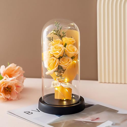 Bouquet de fleurs artificielles préservées dôme transparent LED Noël - 2