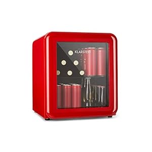 Klarstein PopLife drankenkoeler – mini-bar, retro koelkast, 0-10 ° C, slechts 39 dB, 48 L, milieuvriendelijk, deur met dubbele beglazing, retro design, rood
