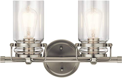 Image of Kichler Brinley 15.75 inch Vanity Light in Brushed Nickel, 2-Light Farmhouse Bathroom Vanity Light with Clear Glass, (15.75 inch W x 10 inch H), 45688NI