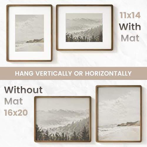 Image of 16 x 20 Picture Frame, USA-Sourced Natural Walnut Wood Photo Collage Frame with HD Tempered Glass, 16x20 Wooden Frame Matted to 11x14, Vertical & Horizontal Wall Hanging Display