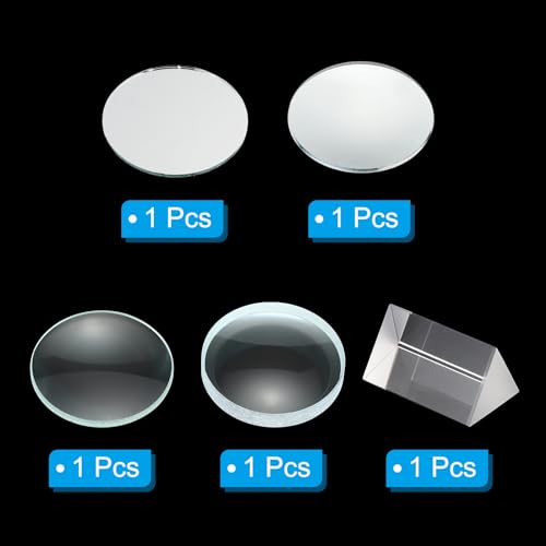 Image of PATIKIL Optical Lens 1 Set, 5 Pcs Double Convex Lens Double Concave Lens Prism Lens Convex Mirror Concave Mirror for Physics Experiment Teaching, Clear