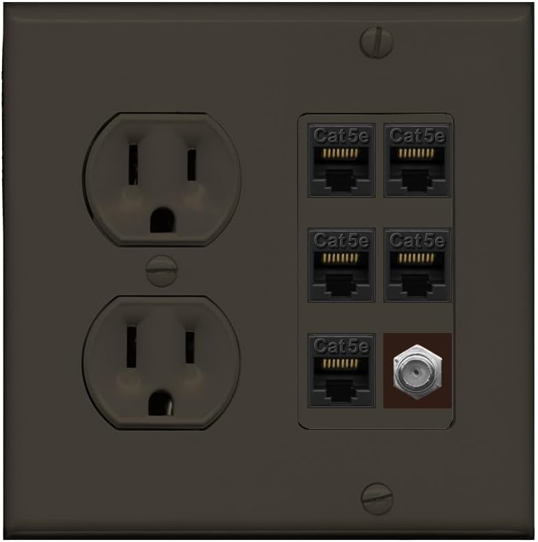 RiteAV 5 Port Cat5e Ethernet and 1 x Coax Wall Plate - Round Outlet [Brown/Brown]