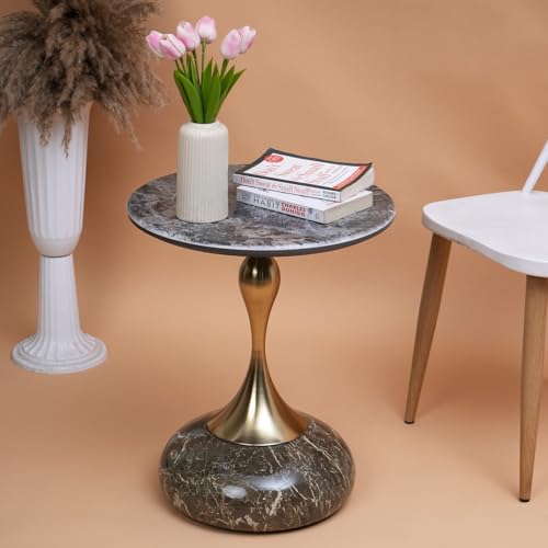Image of Round Side Table with Marble Top, Brushed Golden Pedestal Base, Metal Base with Marble Effect, Modern Accent Table for Living Room, Bedroom