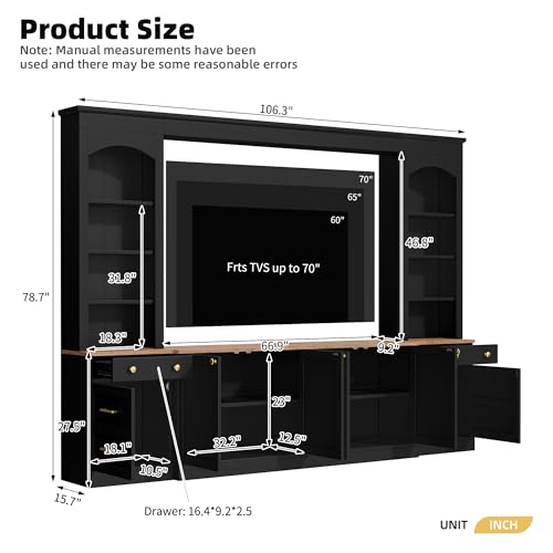 Image of 106.3 inchL Large Entertainment Center with Bookshelves and Drawers for TVs Up to 70'', Wall Unit Entertainment Center with Adjustable Shelves and Cabinet, Minimalist TV Stands for Living Room Black