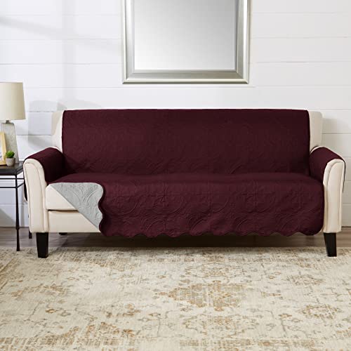 Image of Great Bay Home Reversible Sofa Cover - Washable Slipcover Furniture Protector with Elastic Straps - Perfect for Kids & Pets - Quilted & Stitched Detail (Wine /Light Grey)