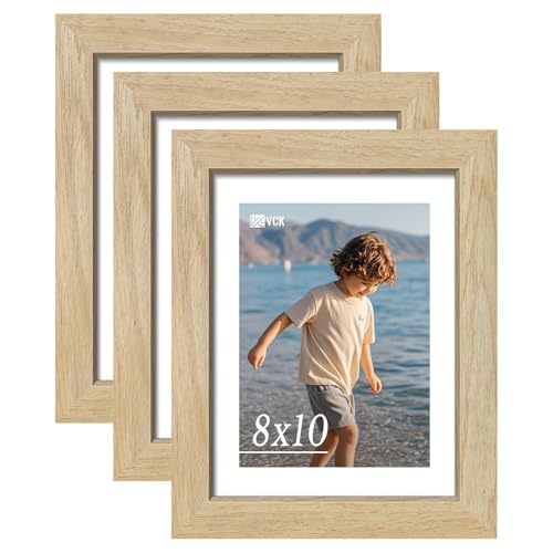 Image of VCK 8x10 Picture Frame Set of 3 - Natural, Wide Border Solid Wood Frame, Display Pictures in Horizontal and Vertical, for Home, Office, Gallery, Woodgrain Series, Wall Hanging