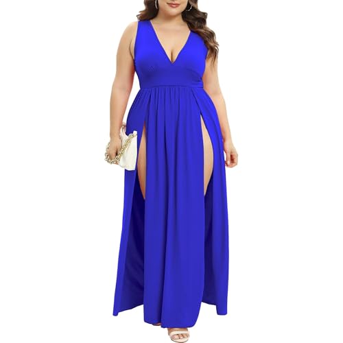Image of SILUI Women's Summer 2026 Sexy Double High Slit Deep V Neck Plus Size Sundresses Thigh Split Maxi Club Party Dresses
