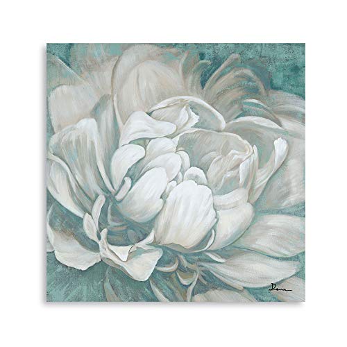 Framed Dark Teal, White & Gray Flower Wall Art: 24 x 24 in Teal Colored Canvas Decor for Bathroom, Bedroom & Living Room, Stylish Floral Pictures for Home Decorations