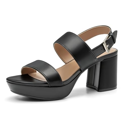 Athlefit Black Platform Heels for Women Chunky Block High Heels Open Toe Comfortable Dressy Summer Buckle Heeled Sandals Size 7