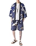 PRIJOUHE Men's Japanese Style Kimono Tops Pants Sets Lightweight Casual Seven Sleeves Open Front Cardigan & Shorts