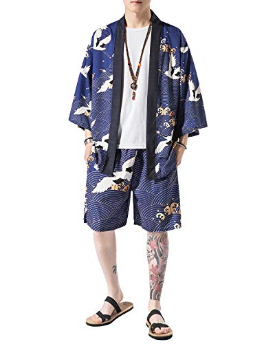 PRIJOUHE Japanese Kimono For Men Lightweight Open Front Kimono Bathrobe With Shorts 2 piece Summer Beach Outfits2