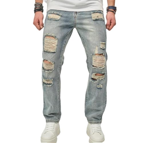 Men Streetwear Spring Loose Holes Distressed Straight Jeans Pants Retro Male Denim Trousers