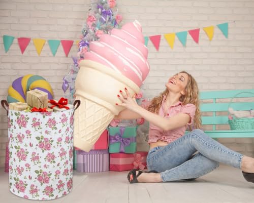 Image of Roses Pink Laundry Basket Baby Girls Laundry Hamper Kids Toy Storage Bins Organizer Gift Basket Pink Rose Bedroom Decor Bathroom(Pink Rose)