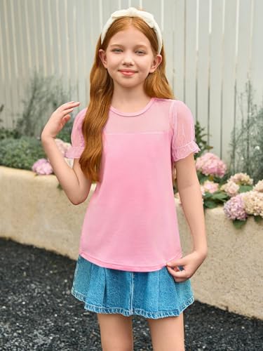 Image of Haloumoning Girls Shirts Sheer Puff Sleeve Tops Cute Swiss Dots Summer Blouse Tee 5-14 Years