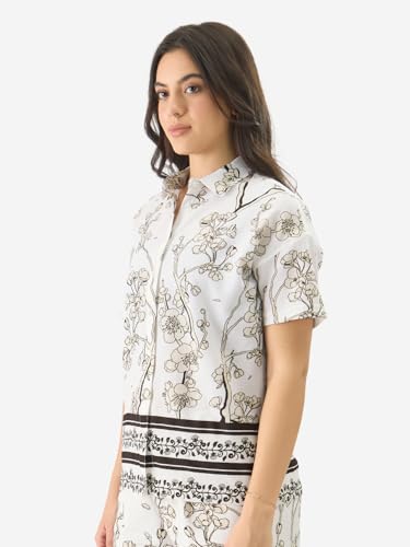 Image of The Souled Store Gardenia Women and Girls Short Sleeve Collared Neck White All Over Print Button Down Oversized Shirts