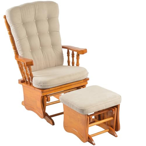 Image of Glider Rocker Nursery Chair with Ottoman Smooth Rocking Action Rustic Nursery Glider Rocker with Upholstery, Smooth Rocking Indoor Living Room Nursing Naptime Reading (Wood Color)