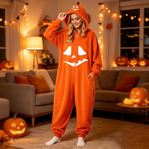 Womens Jumpsuit Pumpkin Onesie Pajamas Funny Halloween Hooded Loungewear - image 5