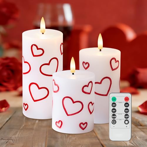 Image of Valentines Day Heart Candles, Real Wax Flameless Pillar Candles with Remote, Real Wax Flickering LED Pillar Candles Valentine's Day Candles Gifts for Her Him Wife Mom Home Party Decor, 3 Pack