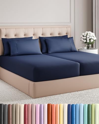 Image of Split King 7 Piece Bed Sheet Set - Comfy, Breathable & Cooling - Navy Blue | Ultra-Soft Hotel Luxury Bedding Set w / 8-16 Inch Deep Pockets, 1 Flat & 2 Fitted Sheet & 4 Pillowcases, Wrinkle & Fade Free