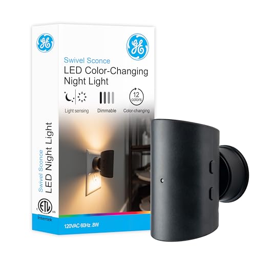 GE Directional LED Swivel Sconce Night Light, Plug-in, Color-Changing & Dimmable, Warm White, Dusk-to-Dawn Sensor, Adjustable for Hallway, Bedroom, Stairway – 1 Pack (82573)