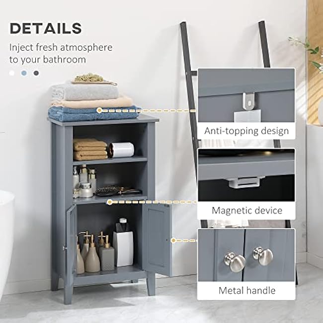 kleankin Bathroom Floor Cabinet, Wooden Bathroom Cabinet with 2 Open Shelves, Double Doors and Adjustable Shelves, Freestanding Storage Cabinet for Bathroom, Dark Grey