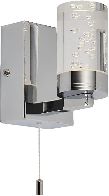 Britalia LED Polished Chrome & Cylindrical Bubble Shade Bathroom Modern Switched Wall Light | 6.1W LED | 324 Lumen | 3000k Warm White | IP44 Rated