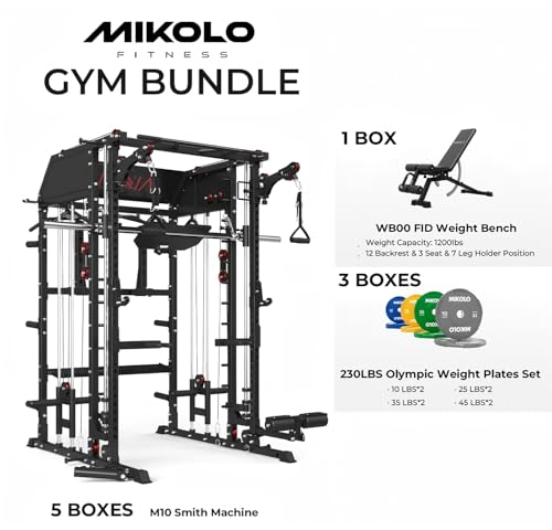 Image of Mikolo Smith Machine, Multi-Function Power Cage with Dual Pulley System, Vertical Leg Press Attachment, Squat Rack Power Rack with More Training Attachment for Home Gym