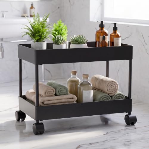 Image of TEX-RO Plastic Storage Rack for Bedroom | Shelf for Bedroom | Bathroom Storage Rack | Trolley for Kitchen Storage | Multipurpose Storage Rack (Black, 2 Layer)
