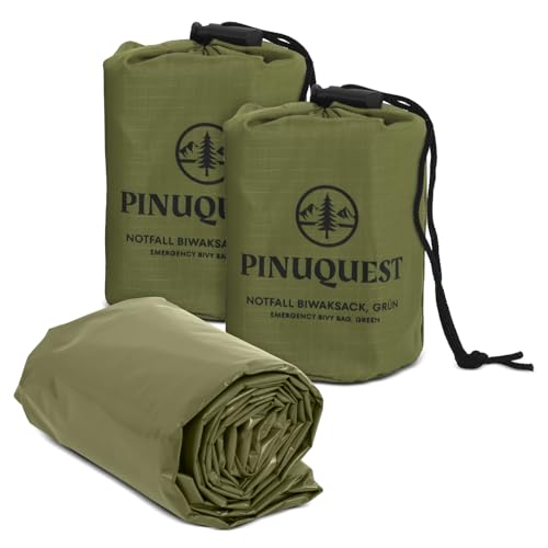 PINUQUEST Notfall Biwaksack 2er-Set in grün (213 × 91 cm) - Notbiwak ist Ultraleicht, wasserdicht sowie Wind-, hitze- und kälteabweisend - Notfallschlafsack ideal für Outdoor, Survival, Camping
