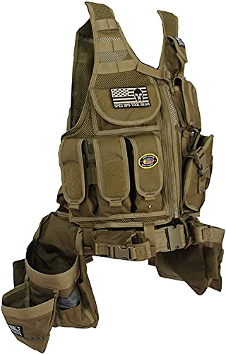 Spec Ops Tool Gear Customizable SF-18 Delta Tactical Vest Tool Belt with Medium Pouches, Weight Dispersal Work Vest, Extended Belt Up to 54â€ Waist (Coyote Tan)