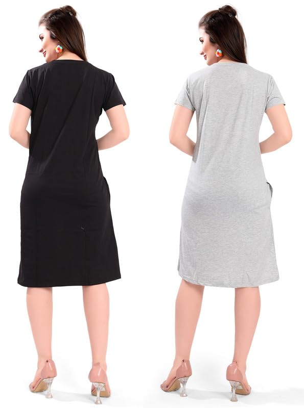 Image of Printed Knee Length Pocket Night Dresses for Women | Cat Lover | Premium Soft Cotton Nighty | Blue and Maroon