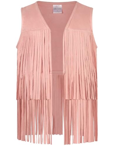 Noomelfish Kids Suede Fringe Vest Girls Sleeveless Hippie Tassels Jacket Cardigan Light Pink Size 11-12Years