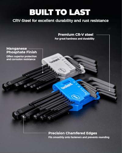 Image of toolant Allen Wrenches Sets 26pcs(Metric&SAE), Long Arm Allen Wrench with Ball End, Metric Hex Key Set 1.27mm- 10mm, SAE Hex Key Set 3 /64 inch- 3 /8 inch, Holder Design for Auto Maintenance and DIY Projects