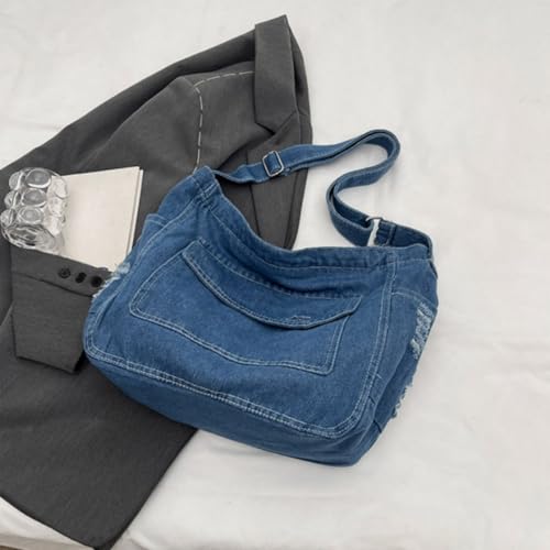 Image of Womens Denim Shoulder Hobo Handbag Canvas Jean Cross Body Bag Leisure Daily Travel Bag Shopping Bag,Light Blue