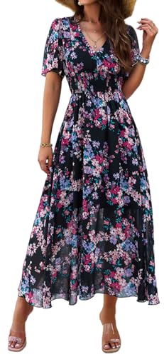 Image of Sister Amy Women's Boho Floral Print Square Neck Beach Party Flowy Ruffle Midi Dress