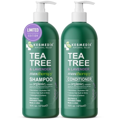 KESMEDIK Tea Tree Lavender Shampoo & Conditioner Set with Mint & Rosemary, Cleanses, Cools & Soothes Dry, Itchy Scalp, Sulfate & Paraben-Free, For All Hair Types, 16 fl oz Each