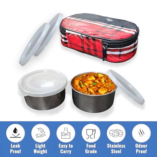 Image of Taxton Stainless Steel Lunch Box with 2 Containers and Insulated Carry Bag, Checkered Pattern, Plastic Lid (Red)
