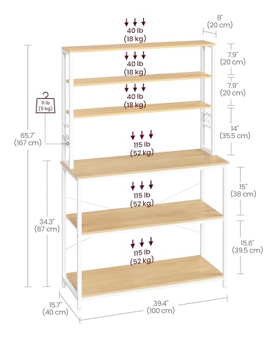 Image of VASAGLE Coffee Bar, 39.4 Inches Baker's Rack for Kitchen with Storage, 6-Tier Kitchen Shelves with 6 Hooks, Microwave Stand, Modern, Golden Oak and Cloud White UKKS039Y09