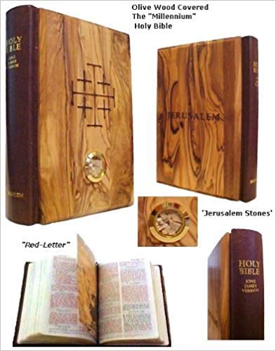 Holy Land Market Olive Wood covered Millennium Bible with 'Jerusalem